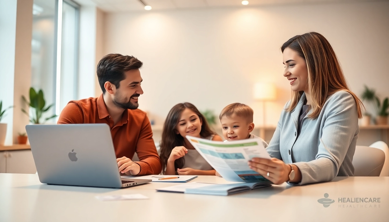 Private health insurance cost: broker explains plan options to a family in a bright, welcoming office