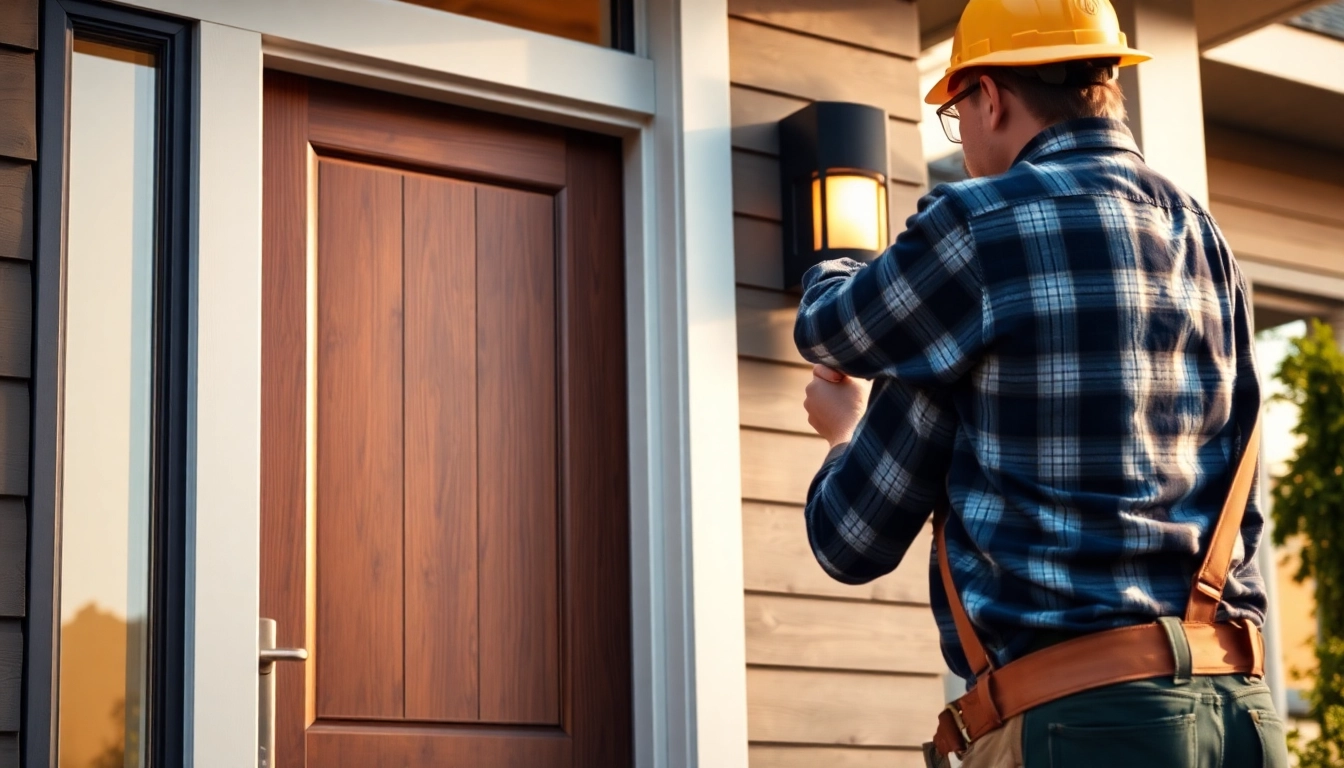 Front door replacement: contractor installs a modern, energy-efficient entry door.