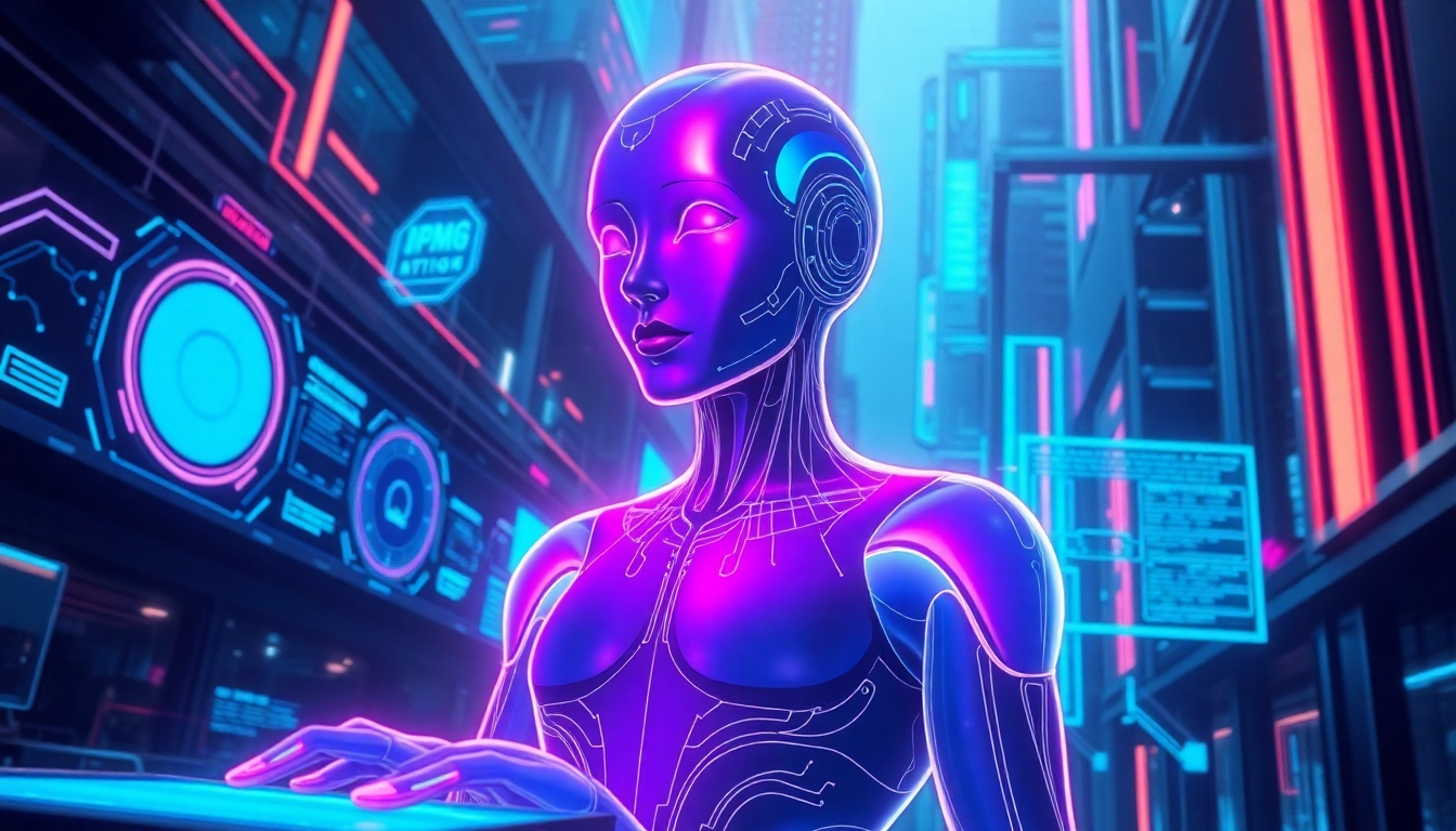 Futuristic AI interface with glowing humanoid figure and holographic controls in a cyberpunk cityscape.