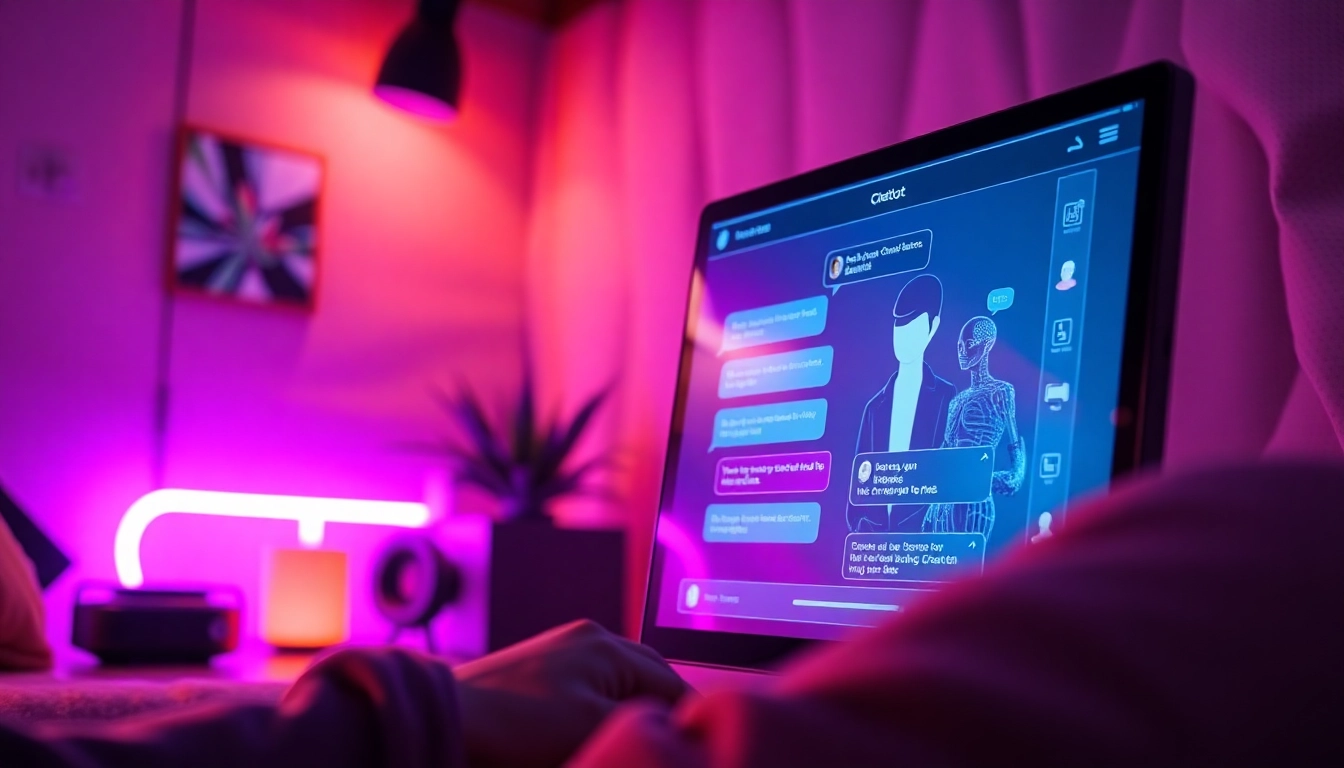 A person interacting with a futuristic AI chatbot interface on a sleek screen, vibrant neon lighting illuminating the scene.