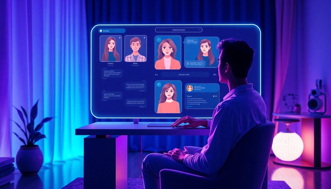 A person interacting with holographic AI characters on a futuristic chat interface in a cozy room.