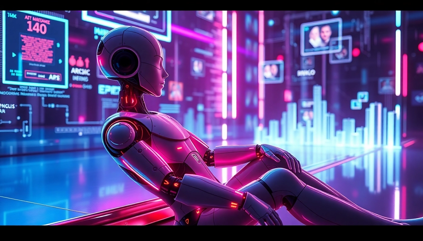 Futuristic AI robot in a high-tech environment with holographic displays and neon lighting, creating a seductive and advanced atmosphere.