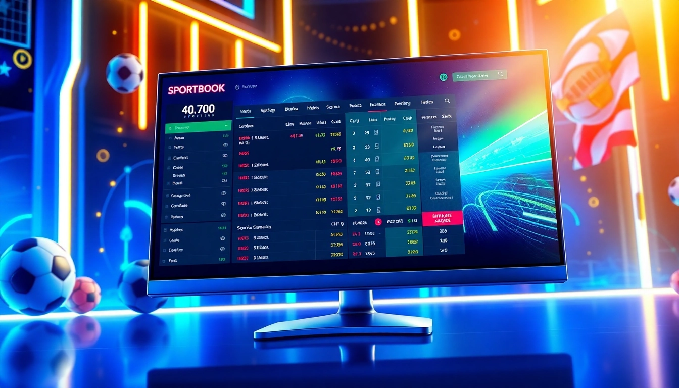 A modern digital sports betting platform interface with neon accents and sports elements around a computer screen.