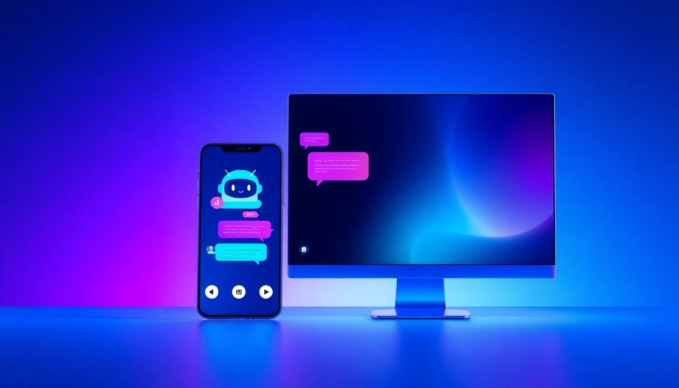 Digital illustration of a modern chatbot interface on phone and computer screens with vibrant colors and futuristic design.