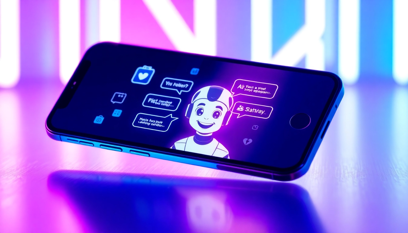 Futuristic AI chatbot on a smartphone with holographic elements and vibrant neon lighting