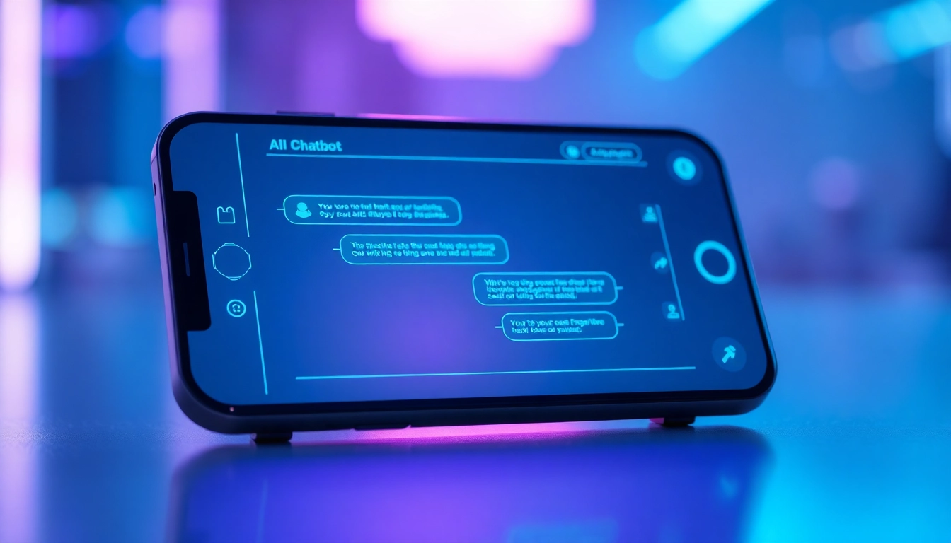An illustration of a futuristic chatbot interface on a modern device with neon accents and a user engaging in conversation.