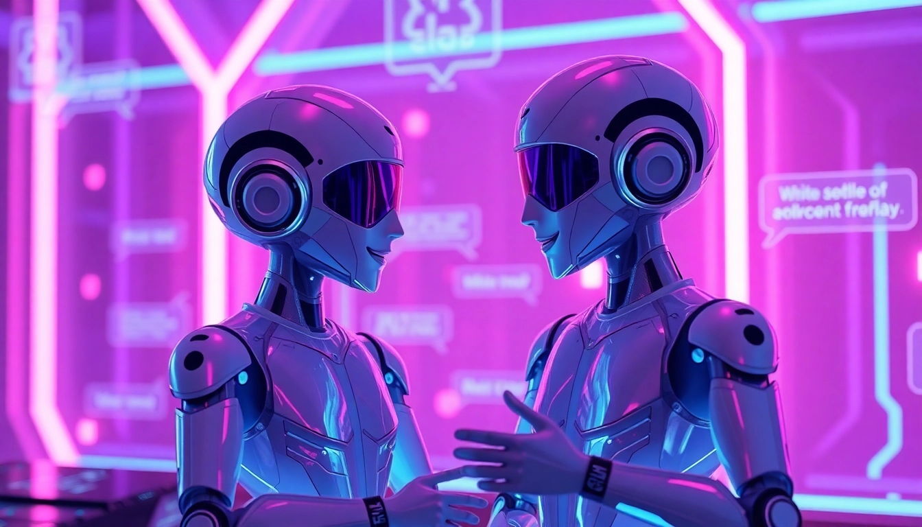 Futuristic AI chat characters engaged in a lively conversation on a neon-lit digital interface.