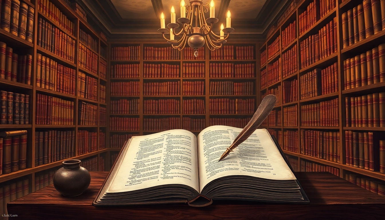 An antique library scene with vintage bookshelves, warm lighting, and a wooden desk with a quill pen, evoking a nostalgic scholarly atmosphere.