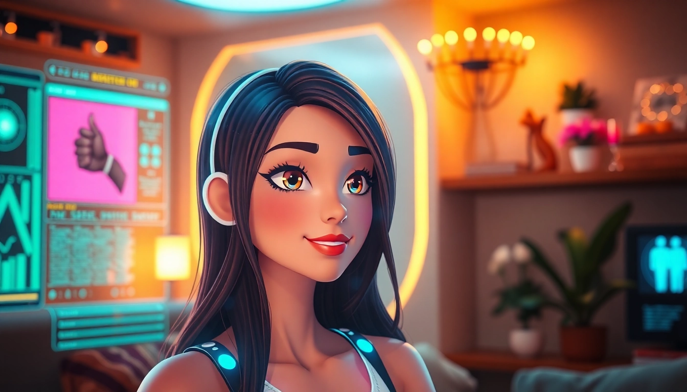 AI girlfriend app interface featuring a friendly animated virtual partner engaging in conversation with warm, colorful visuals for users interested in NSFW chats.
