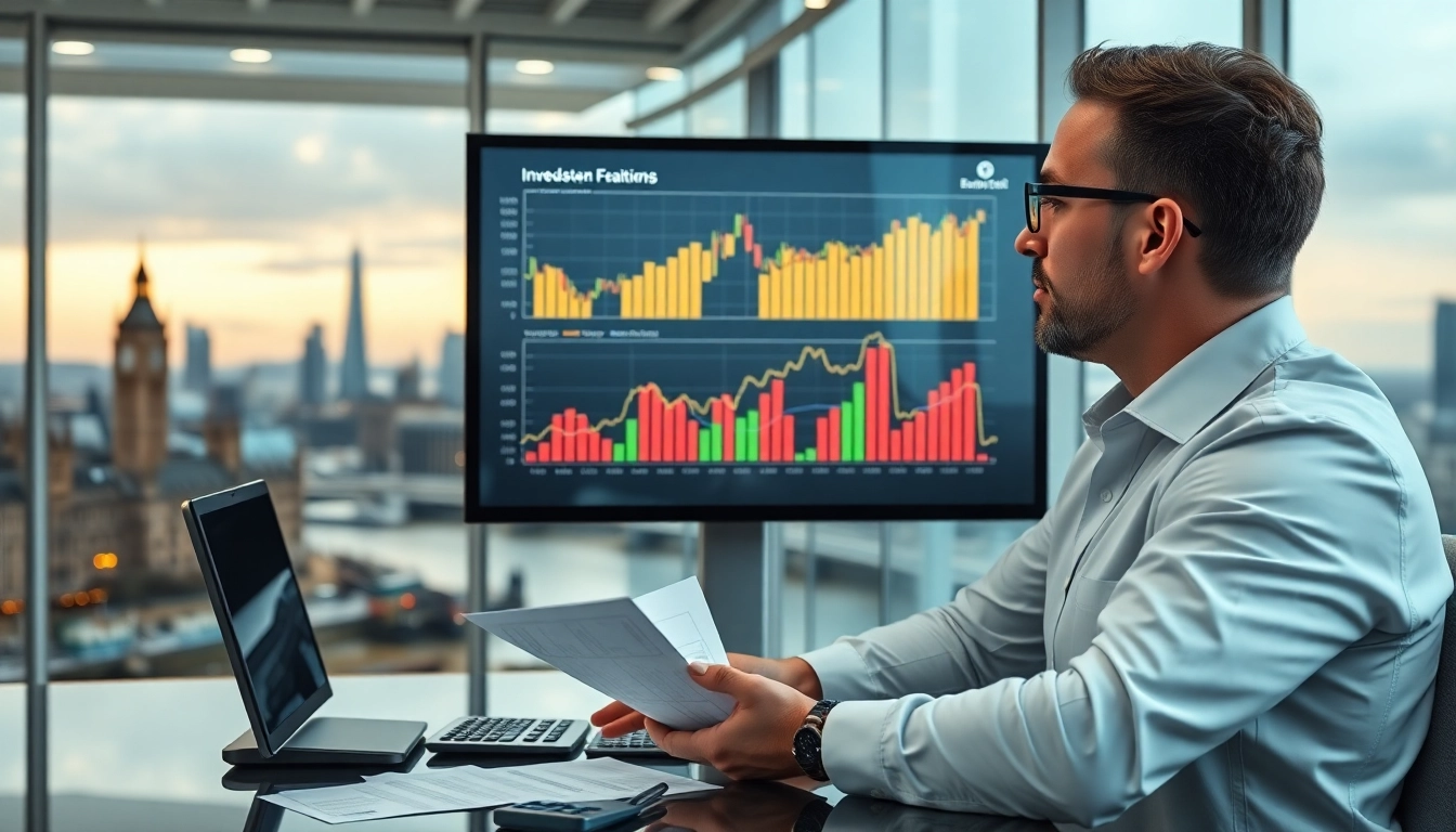 Investment Guide UK Professional financial advisor analyzing stock charts with UK landmarks for